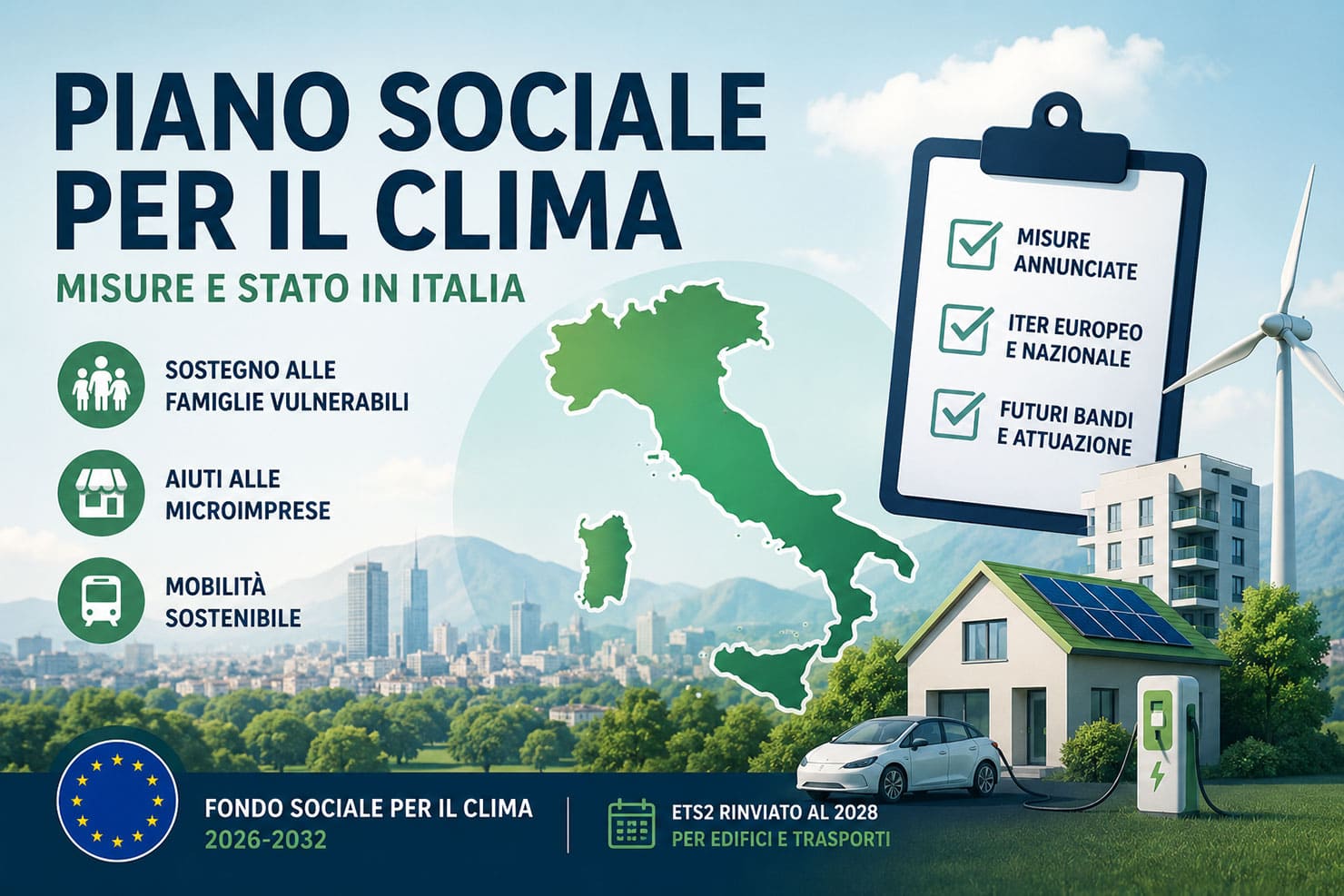 Impianti fotovoltaici nelle attività soggette ai Vigili del Fuoco: SCIA, progetto e rischio incendio 5 Infografica sul Piano Sociale per il Clima in Italia con famiglie vulnerabili, microimprese, mobilità sostenibile e stato delle misure