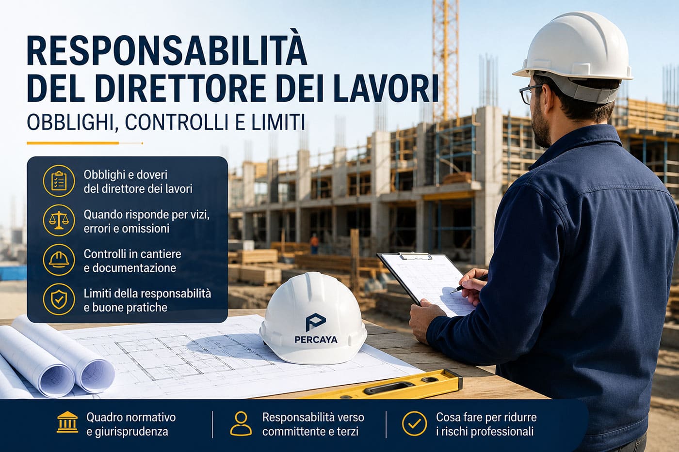 Impianti fotovoltaici nelle attività soggette ai Vigili del Fuoco: SCIA, progetto e rischio incendio 2 Direttore dei lavori in cantiere durante il controllo dell’opera, con planimetrie e struttura edilizia in costruzione